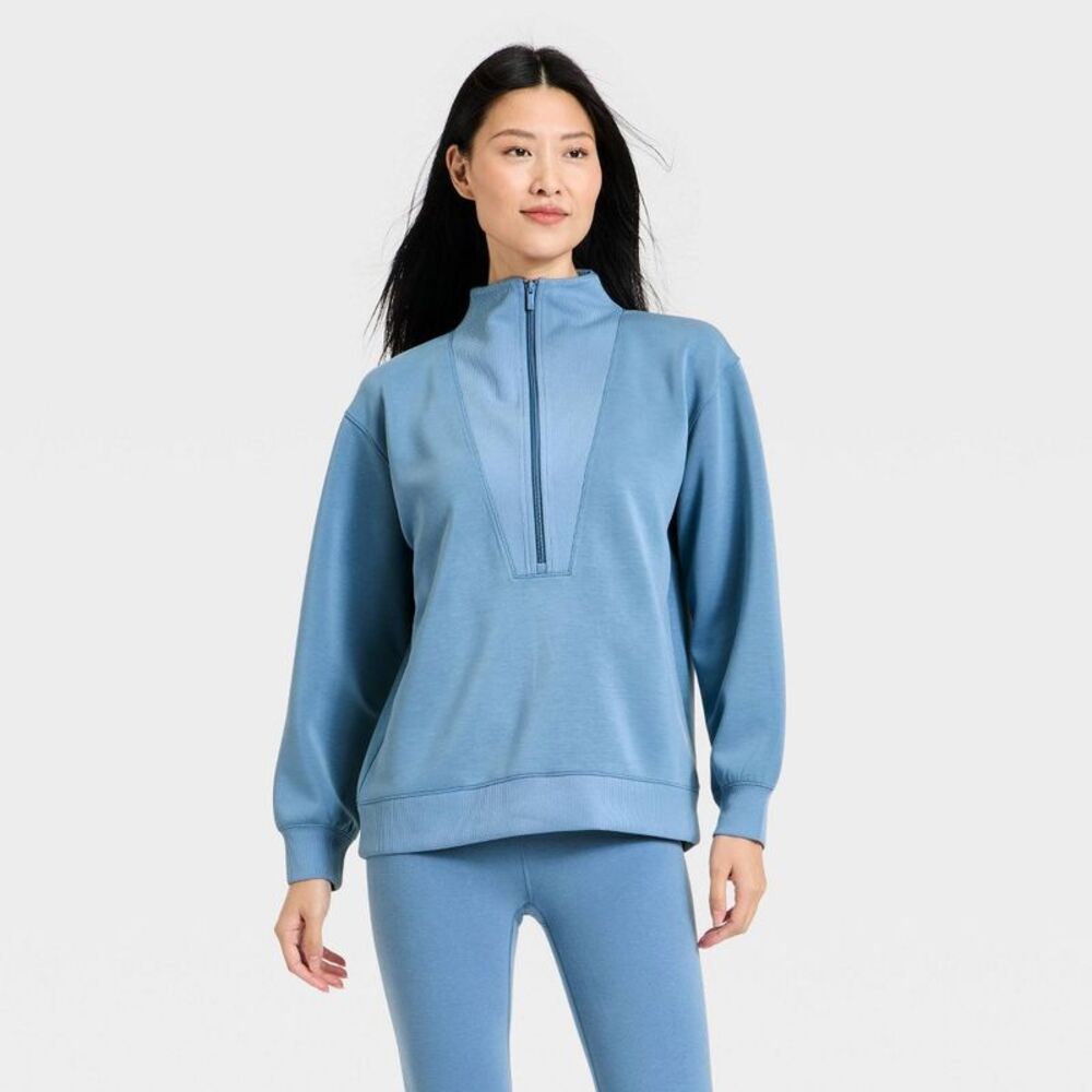 Women's Airy Sleek Deep Zip Pullover Sweatshirt - All In Motion Steel Blue S